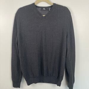 Calvin Klein Mens L Fits M 100% Merino Wool Grey V-Neck Sweater Quiet Luxury